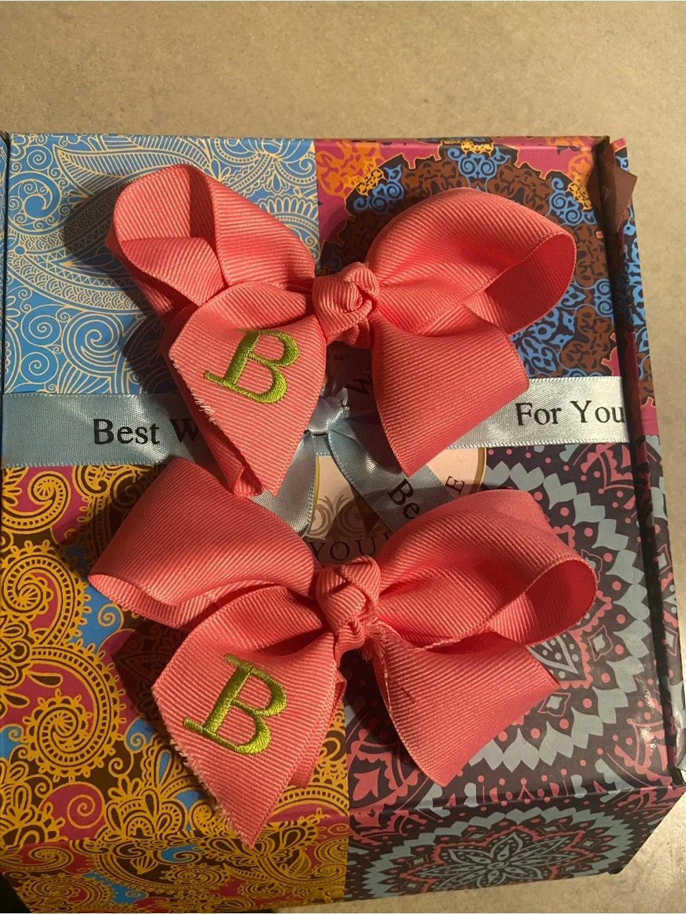 Personalized Coral Pink Girls' Hair Bows with Green 'B' Embroidery - Pair